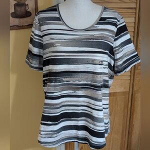 QVC D&Co. Active Black, Tan & White Striped Short Sleeve Top XL